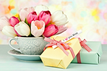 Mother's Day Love - love, bows, heart, ribbons, tulips, still life, cup, presents, mothers day, gifts