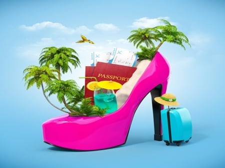 Tropical Island - holiday, beach, suitcase, shoe