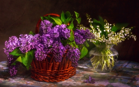 Still life - fragrance, basket, bouquet, lovely, vase, pretty, beautiful, lily of the valley, scent, lilac