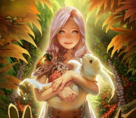 Girl with bunny - rabbit, girl, game, legend of the cryptids, orange, green, bunny, cute