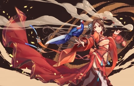 Girl with bird - red, girel, bird, splish, anime, blue, manga