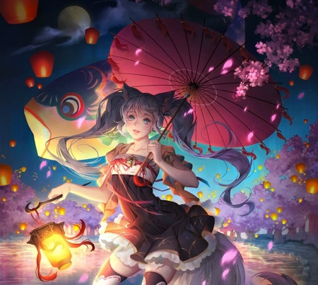 Lanterns in a spring night - blossom, girl, spring, flower, pink, lantern, fantasy, umbrella, parasol, luminos