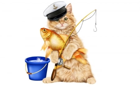 The golden fish - hat, blue bucket, summer, funny, pisica, kitten, ginger, white, orange, fish, animal, cute