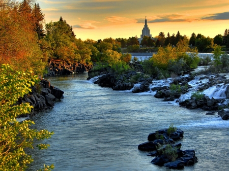 Beautiful River on City - river, trees, sunset, nature, landscape, city