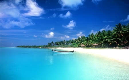 Boat on The Beach - clouds, trees, nature, blue, beach, boat, forest, sand