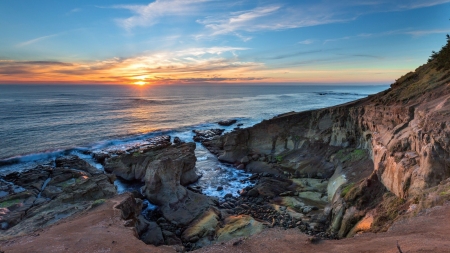 Sunset on the Coastline - clouds, sunset, nature, coast, beach, sea, sand