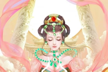 The queen - queen, girl, pink, jewel, fantasy, green, feimo, asian, luminos