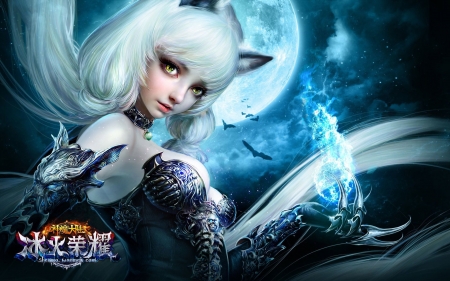 Lycan girl - moon, game, forsaken world, blue, ears, wolf, frumusete, fantasy, lycan, luminos, luna