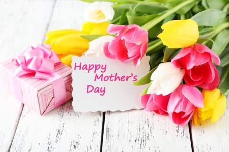 Happy Mother's Day - wood, present, Happy Mothers Day, flowers, tulips, Spring, Mothers Day, ribbon, gift, bow