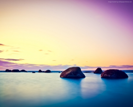 Ocean Sunset - nature, sky, ocean, pink, clouds, stones, sunset, rocks