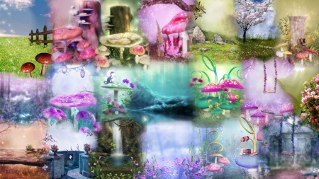 Spring Collage - summer, collage, spring, taodstools, flowers, Firefox Persona theme, fairytale, mushrooms, summr