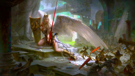 Land of the Small - pretty, warrior, beautiful, girl, angel, lovely, little people, fantasy, digital, woman, wings, art