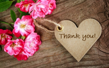 Thank You - flowers, heart, card, wood