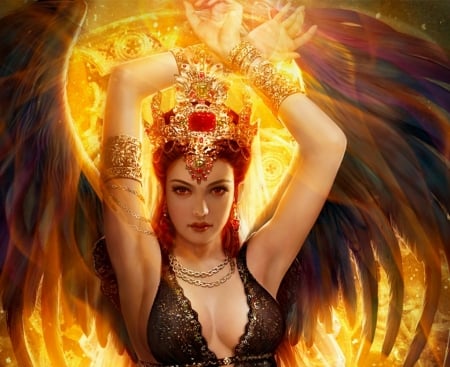 Fortuna - mario wibisono, fortuna, beauty, yellow, jewel, frumusete, wings, goddess, fantasy, golden, luminos