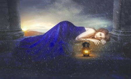 Dreaming the Past - pretty, resting, beautiful, girl, lamp, fantasy, digital, woman, art