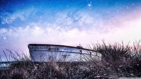 Under the Milky Way - nature, stars, beach, milky way, grass, boat