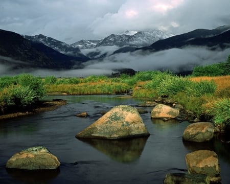 First Rays of the Sun on Rocks - stone, rays, nature, river, sun, fog, mountains, rocks