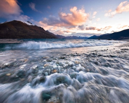 Raging Water - clouds, water, mountains, sky