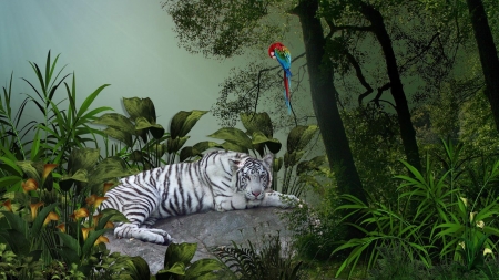 White Tiger - predator, trees, reflection, cat, parrot, artwork, resting