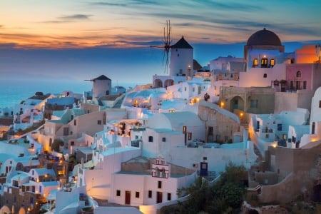 Santorini at Sunset - town, mill, greece, island, houses, church