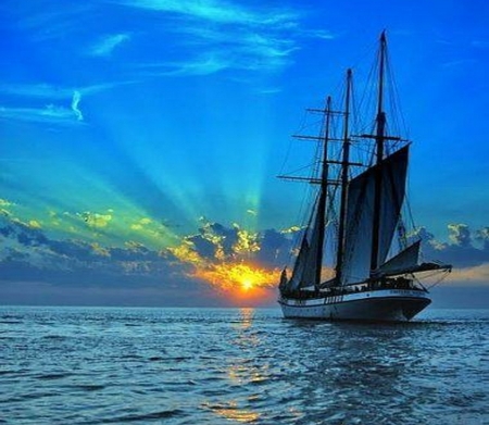 Into the blue - sunset, ocean, sails, blue