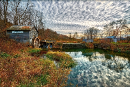 Hyde's Mill, Wisconsin - sky, reflection, clouds, mill, waterfall, nature