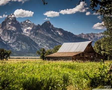 Grand Teton from Mormon Row - nature, cottage, trees, clouds, mountains, grass