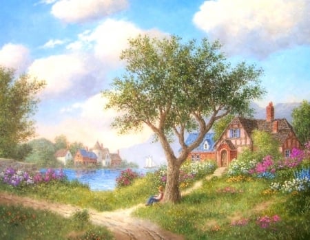 Lakeside Dreamer - summer, attractions in dreams, paintings, architecture, home, nature, paradise, villages, lakes, love four seasons, houses, walkway