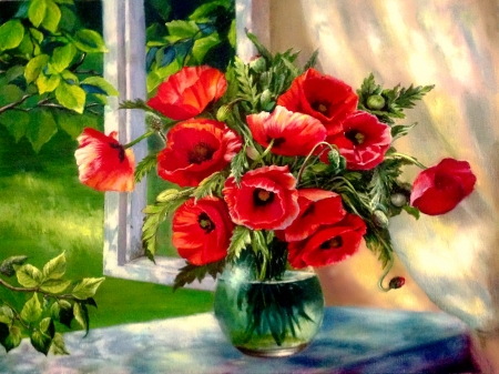 Poppies in vase - branches, room, lovely, still life, curtain, spring, vase, painting, view, art, pretty, window, cozy, beautiful, poppies