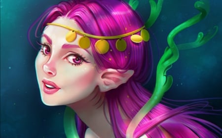 Pink mermaid - face, fantasy, pink, mermaid, corina stan, luminos, girl, art