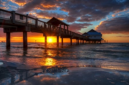 Florida Beach at Sunset - nature, sky, beach, pier, clouds, florida, sunset