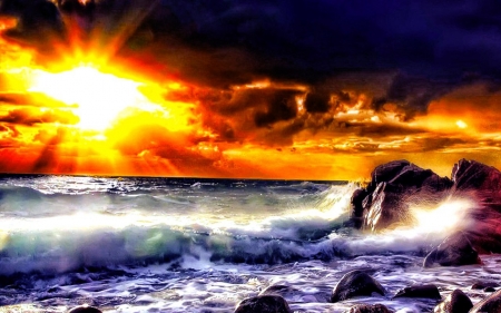 Sundown After a Storm - storm, nature, sundown, waves, sea, rocks, sky