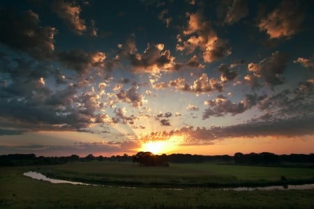 Sunset on the Field by River - nature, clouds, river, sunset, field