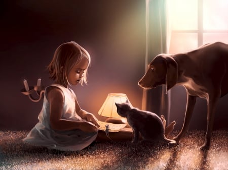 Coexistence - book, coexistence, girl, dog, lamp, copil, child, cat, fantasy, pisica, aquasixio, caine, art, luminos