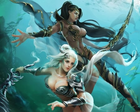 Fantasy girls - fantasy, water, blue, girl, couple, jianyachi l, luminos