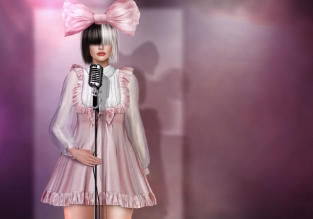 Sia - portrait, singer, girl, pink, microphone, fantasy, woman, magissadenver, rendering, bow, luminos, sia