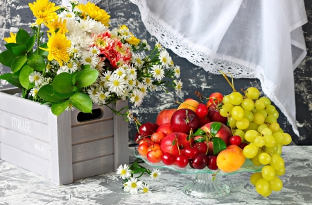 Still life with flowers and fruits - plenty, freshness, fragrance, fruits, bouquet, summer, lovely, still life, apples, cherries, pretty, beautiful, grape, scent, flowers