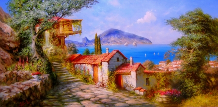 View of Crimea - crimea, houses, peaceful, countryside, summer, picturesque, lovely, coast, peninsula, painting, village, view, art, beautiful, sea