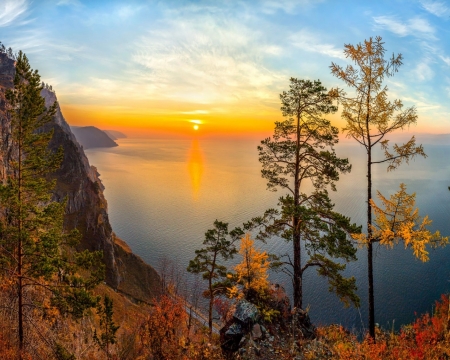 Lake Baikal,Russia - nature, autumn, lake, trees, clouds, rock, sunset