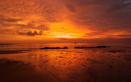 Red Sky Ocean - silhouette, beach, sun, sunset, reef, black, yellow, clouds, red, orange, texture, sand, boat