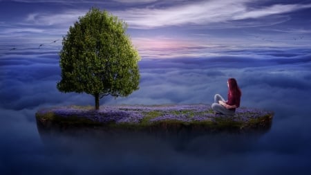 Alone - creative, fantasy, island, tree, girl, blue, green