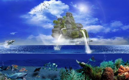 Island in the Sky - clouds, whale, birds, sharks, waterfall, artwork, sea, fish