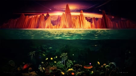 Fantasy Landscape - underwater, cliff, sea, stars, fish, light, rocks, shooting stars