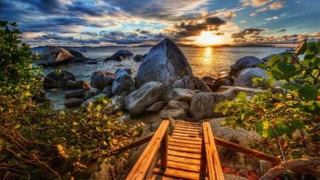 Caribbean Beach - stone, nature, beach, trees, clouds, sunset