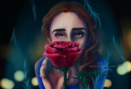 Belle - beauty and the beast, rose, fantasy, belle, fanart, art, linda bonelli, red, luminos, flower