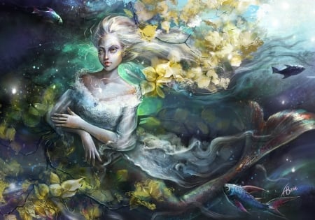 Mermaid - yellow, summer, blue, girl, fantasy, alla badsar, undine, mermaid, art, luminos