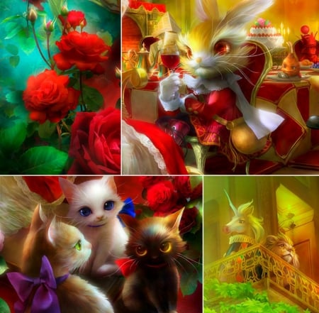 Queen Alice collage - wonderland, yellow, collage, flower, bunny, cat, shu, fantasy, pisica, red, rose, cute, art, luminos