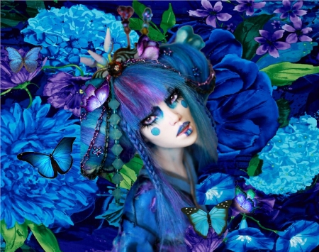 Blue Geisha - pretty, artistic, geisha, female, blue, butterflies, creative, stunning, purple, gorgeous, women, beautiful, girl, lovely, feminine, black, woman