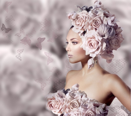 Soft Petals - woman, women, roses, female, gorgeous, purple, pretty, butterflies, artistic, feminine, girl, soft, creative, lovely, stunning, beautiful, pink, pastel