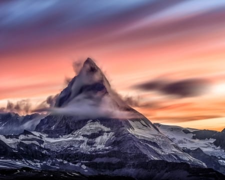 Blurry Snowy Mountain at Sunset - clouds, snow, landscape, sunrise, sunset, nature, blurry, dusk, rocks